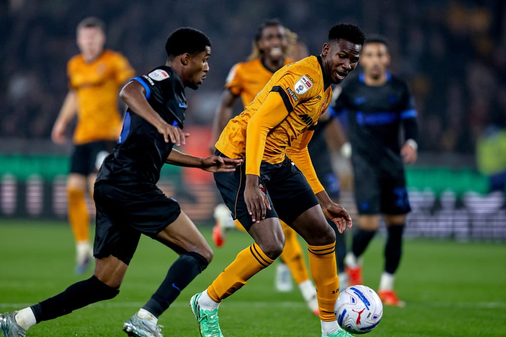 Wolverhampton Wanderers defender Yerson Mosquera (15) battles for possession during the EFL Sky Bet Championship match between Wolverhampton Wanderers and Portsmouth at Molineux, Wolverhampton, UK on 20 October 2026.