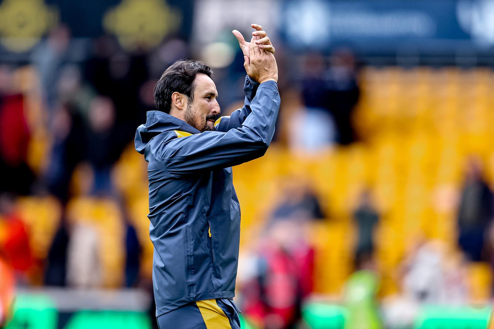 Wolverhampton Wanderers Head Coach Cesar Peixoto celebrates win with fans after the EFL Sky Bet Championship match between Wolverhampton Wanderers and Stoke City at Molineux, Wolverhampton, UK on 29 August 2026.