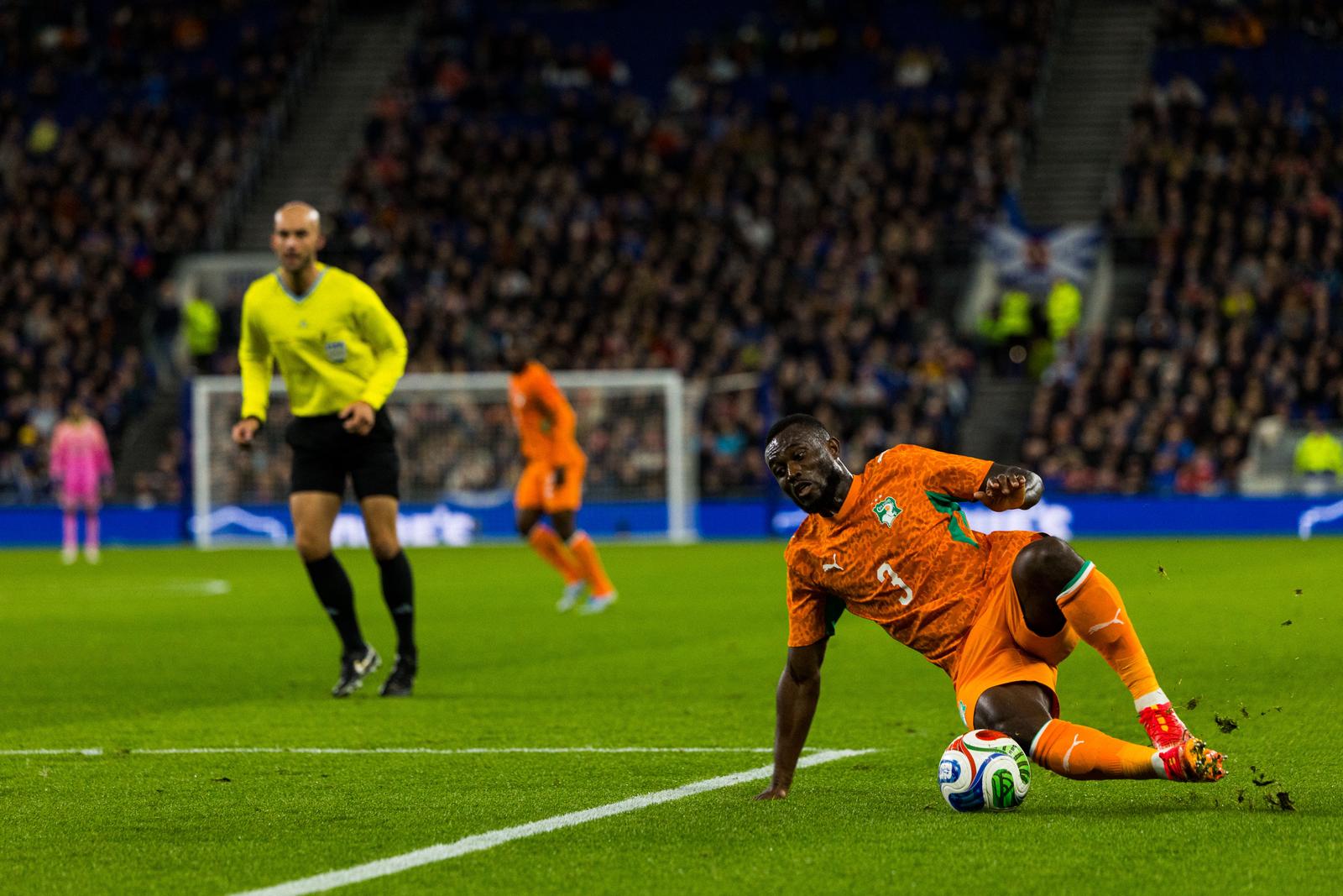 Ghislain Konan (3 - Côte d'Ivoire) at the edge of the box during the Friendly match between Ivory Coast and Scotland at Hill Dickinson Stadium, Liverpool, UK on 31 March 2026.
