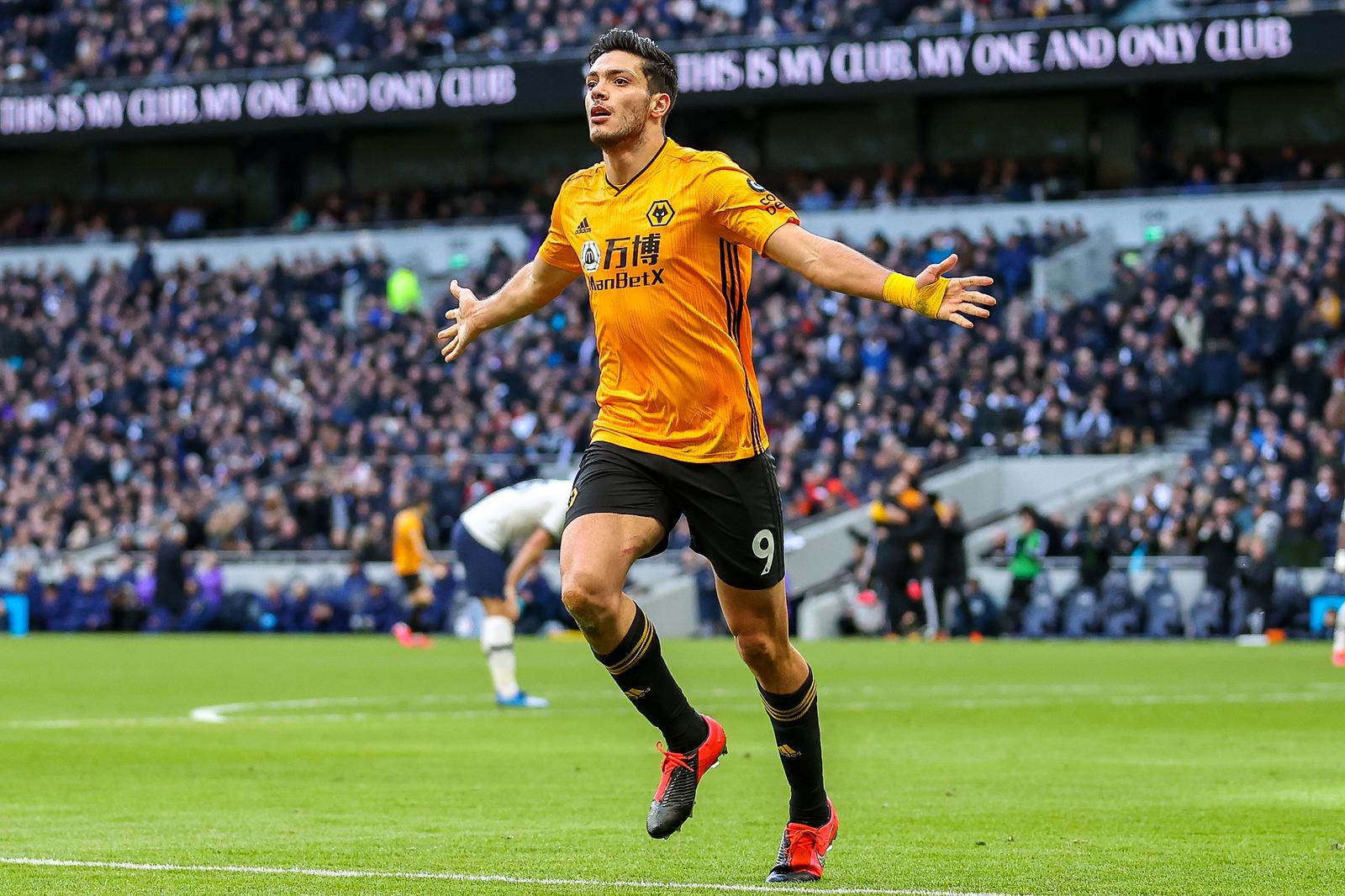 Goal Wolverhampton Wanderers forward Raúl Jiménez (9) scores a goal and celebrates 2-3 during the Premier League match between Tottenham Hotspur and Wolverhampton Wanderers at Tottenham Hotspur Stadium, London, United Kingdom on 1 March 2020.