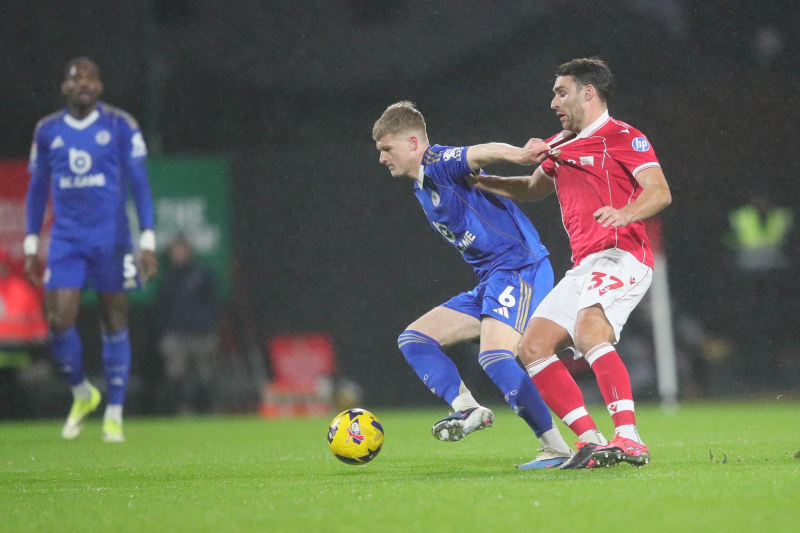 Jordan James of Leicester City and Matthew James of Wrexham during the EFL Sky Bet Championship match between Wrexham FC and Leicester City at the Racecourse Ground, Wrexham, UK on 20 January 2026.