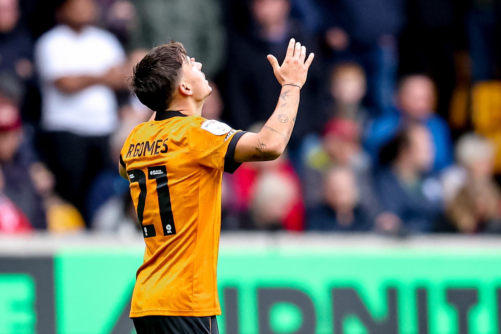 GOAL scores 2-1 Wolverhampton Wanderers midfielder Rodrigo Gomes (21) scores and celebrates during the EFL Sky Bet Championship match between Wolverhampton Wanderers and Stoke City at Molineux, Wolverhampton, UK on 29 August 2026.