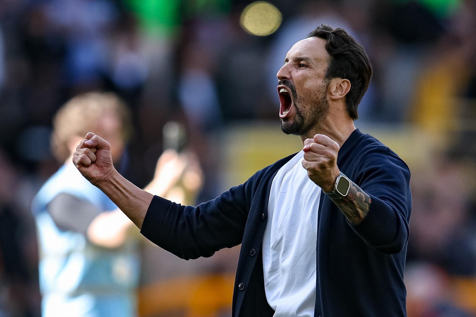 Wolverhampton Wanderers Head Coach Cesar Peixoto celebrates win with fans after the EFL Sky Bet Championship match between Wolverhampton Wanderers and West Bromwich Albion at Molineux, Wolverhampton, UK on 20 September 2026.