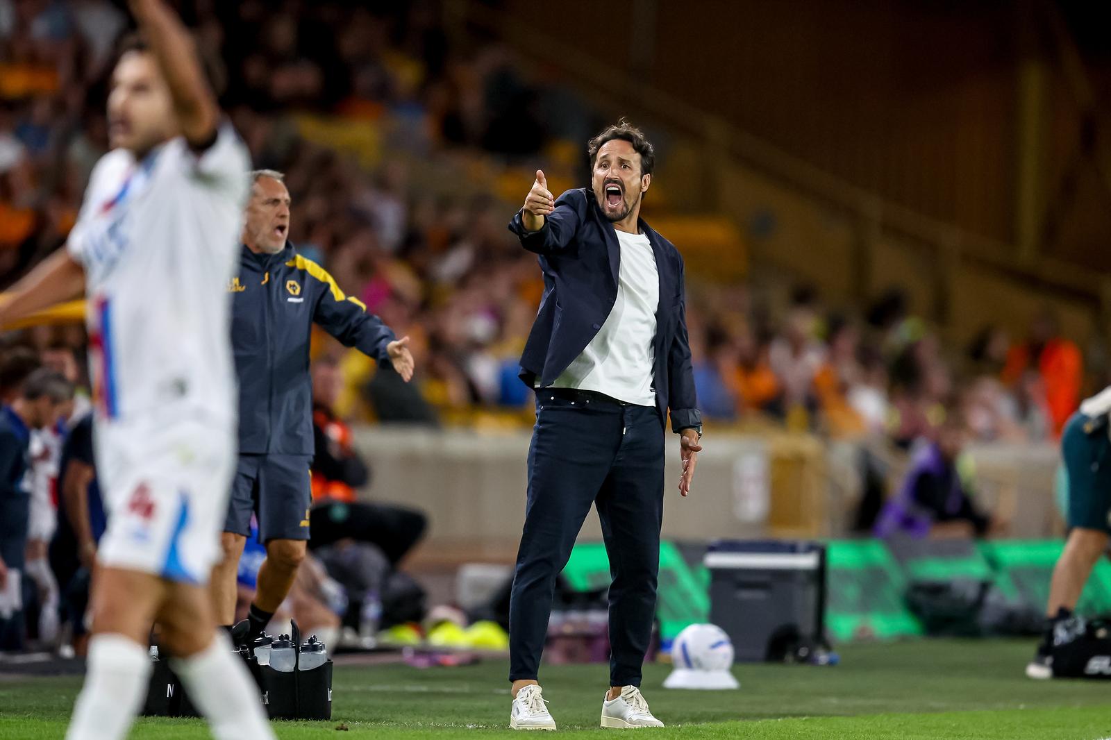 Wolverhampton Wanderers Head Coach Cesar Peixoto gestures during the EFL Sky Bet Championship match between Wolverhampton Wanderers and Blackburn Rovers at Molineux, Wolverhampton, UK on 14 August 2026.
